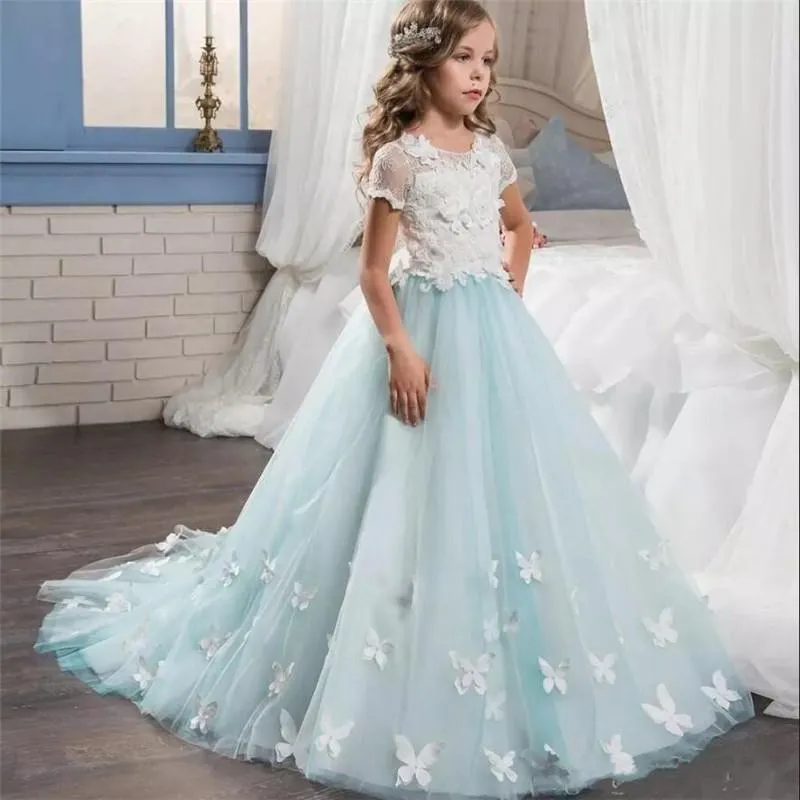 Flickans klänningar Sky Blue Puffy Tulle Ball Gown Flower Girl Princess Long Kids Communion Dressesgirl's