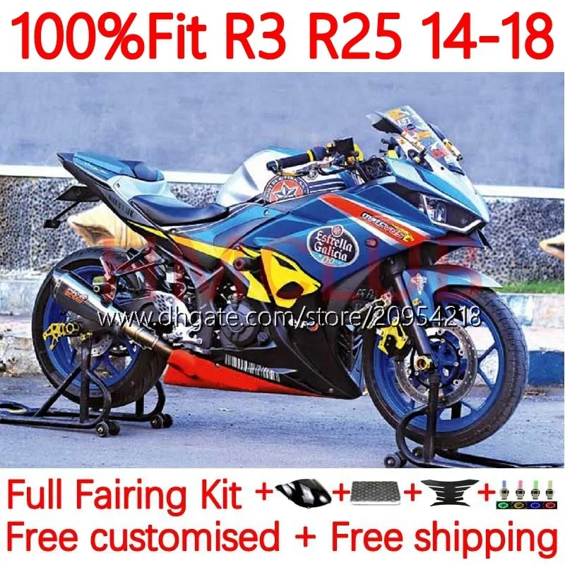 Injektionsmögelmässor för Yamaha YZFR3 YZF-R25 YZFR25 14-18 Kroppsarbete 30no.21 YZF R 3 25 R3 R25 14 15 16 17 18 YZF-R3 2014 2015 2016 2017 2018 OEM Body Kit Blue Gul