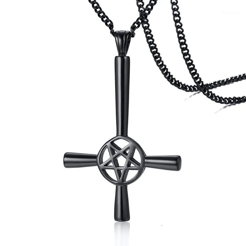 Colliers pendentifs Collier de croix pentagramme inversé pour hommes Symbole satanique en acier inoxydable à l'envers