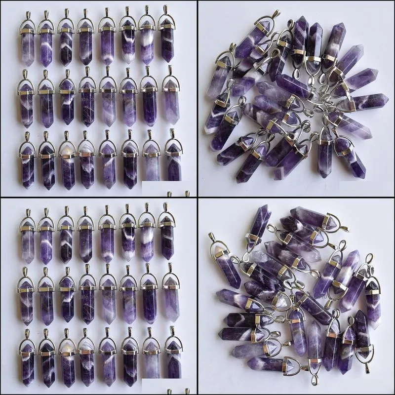 stripe amethyst pillar natural stone charms chakra healing pendulum bullet hexagonal prism pendant diy necklace earrings jewelry