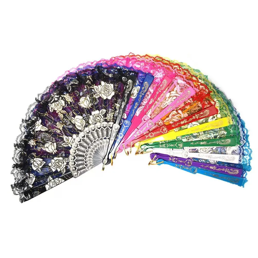 Lace Dance Fan Show Craft Folding Fans Rose Flower Design Plastic Frame Silk Hand Fan DH8886