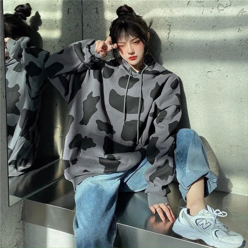 Damskie bluzy bluzy bluzy bluzki 2022 krowy druku bluza kobiety bawełna koreański styl jesień z długim rękawem luźne kapturzowe pullover topy