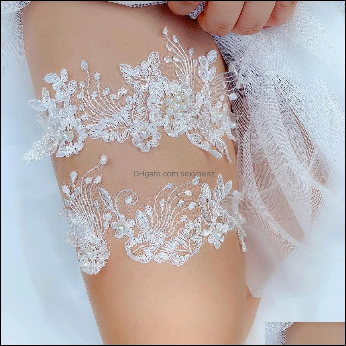 Bande Anneaux Bijoux Sexy Dentelle Fleur Cristal Strass Perles De Mariage Jarretière De Mariée Cuisse Jambe Anneau Pour Femmes / Femme / Mariée Drop Deliver