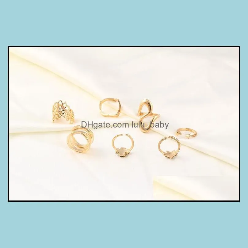 rings jewelry gold band ring cz diamond hollow flower s style finger rings for woman girl 7pcs/set silver jewelry free shipping -