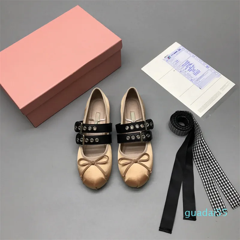 Fashion-Leather Designer Womens Dress ballet Shoes with buckle belt bow Flat Casual Soft Soles Low Heel Light Print loafers