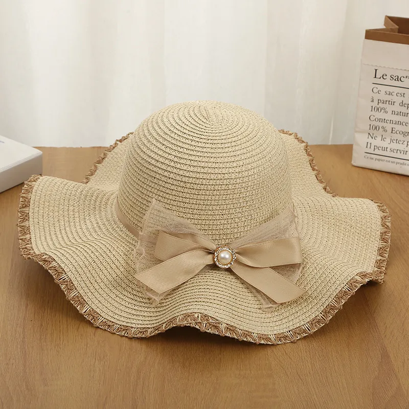 Zarif ilmek inci güneş şapkaları yaz açık seyahat saman kapakları bayanlar kubbe geniş ağzına kadar şapka