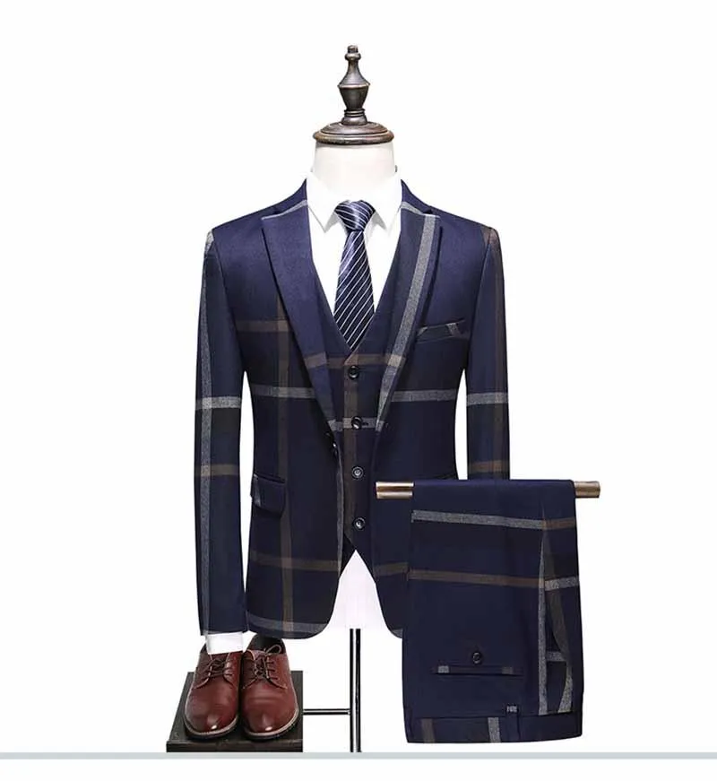 3 pièces (veste + gilet + pantalon) Nevy Blue Men Suit Tailor Wedding Male Slim Fit Plaid Business Tuxedo