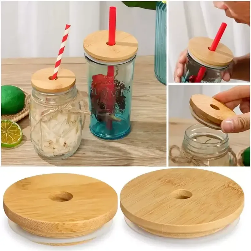 Bamboo Cap Lid Reusable Mason Jar Lids 70mm 86mm with Straw Hole and Silicone Seal Drinkware for Canning Drinking Jars Top Bottle Cover sxa14