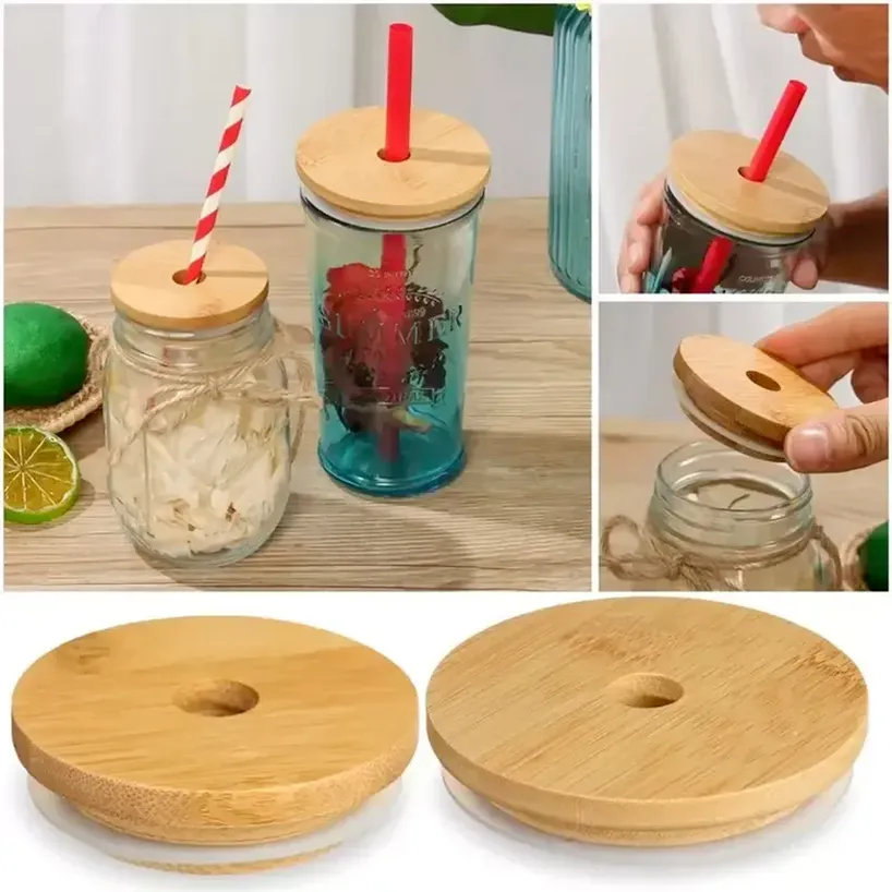 Bamboe Cap Deksel Herbruikbare Mason Jar Deksels 70mm 86mm met Stro-gat en Siliconen Seal Drinkware voor Canning Drinkkruiken Top Fles Cover SXA14