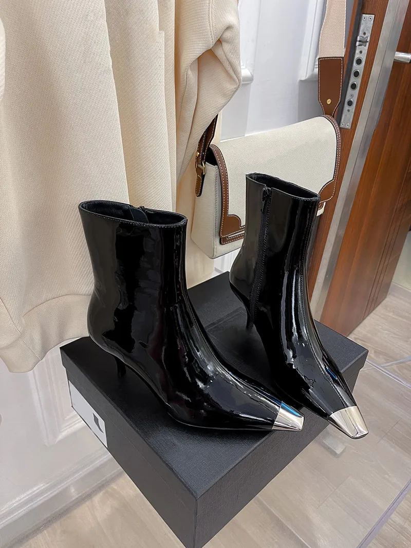 Botines de tacón alto de cuero negro de lujo, botas de tacón alto de charol de diseñador para mujer, 6cm