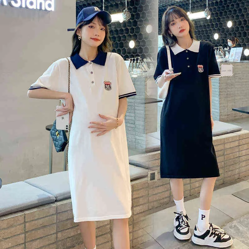 Summer Maternity Cotton Dress Preppy Style TurnDown Collar Short Sleeves Pregnant Woman Straight Dress Pregnancy Dress Wholesale J220628