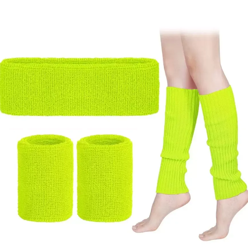 80s Neon Fancy Dress Set Costume Accessories 1920's Headband Wristbands Knit Leg Warmers Party Retro Jogging Sports for Running Yoga Multicolor