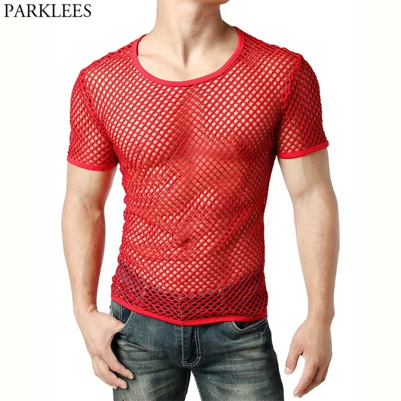Red Sexy Fishnet veja através da camiseta moda de manga curta malha transparente tshirt homens hip hop hipster camise