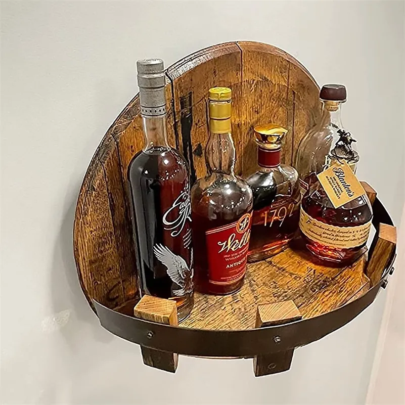 Liquor Bottle Display Bourbon Whisky Barrel Shelf Wall Mounted Vintage Round Wine Rack Family Kitchen Bar Rack Decoration 220810