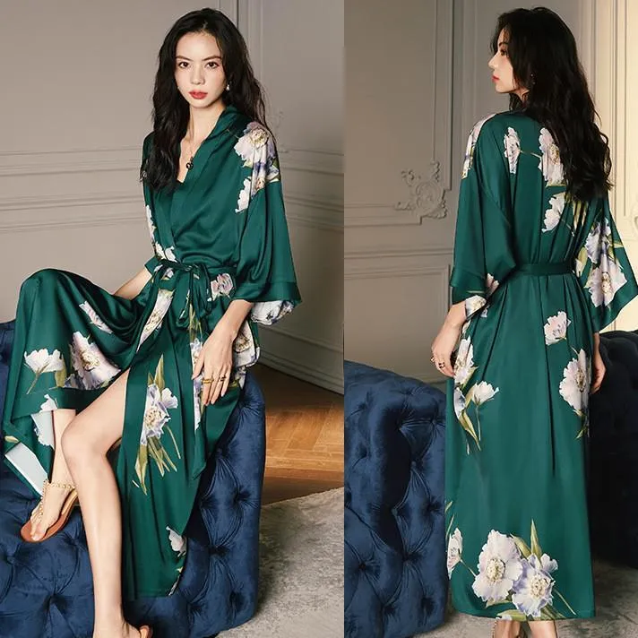 Women's Sleepwear Print Nightwear Women Satin Kimono Robe Gown Nightdress Loose Intimate Lingerie Sexy Flower Nightgown Lounge WearWomen's