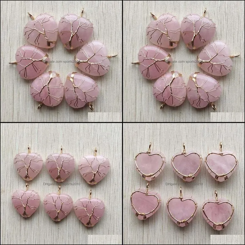 natural roses quartz stone charms tree of life golden wire wrapped love heart pendants for necklace jewelry marking wholesale