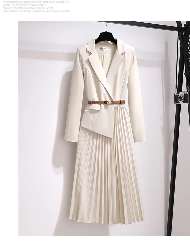 Vintage Pleated Belt Patchwork One Piece Blazer Dress Sexy Dress Office Ladies Long Sleeve Notched Female Autumn Midi Vestido Dresses For Woman Elegant 9925