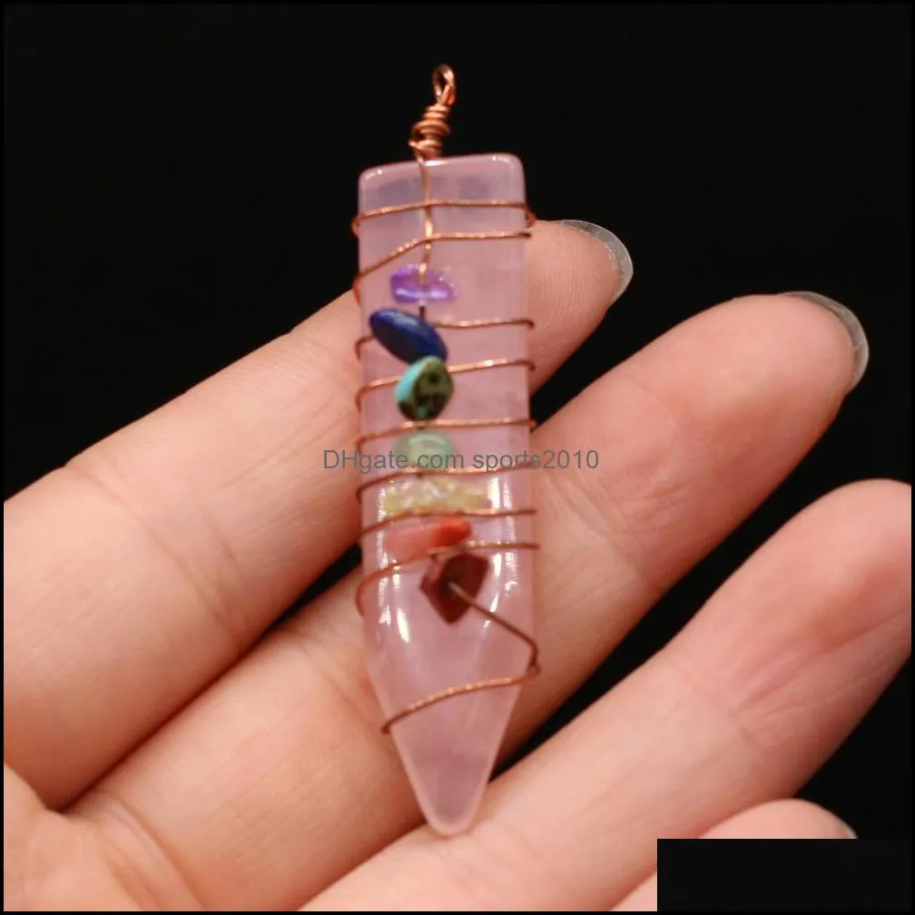 natural stone 7 chakras wire wrap charms arrowhead shape pendulum pendant rose quartz healing reiki crystal sports2010