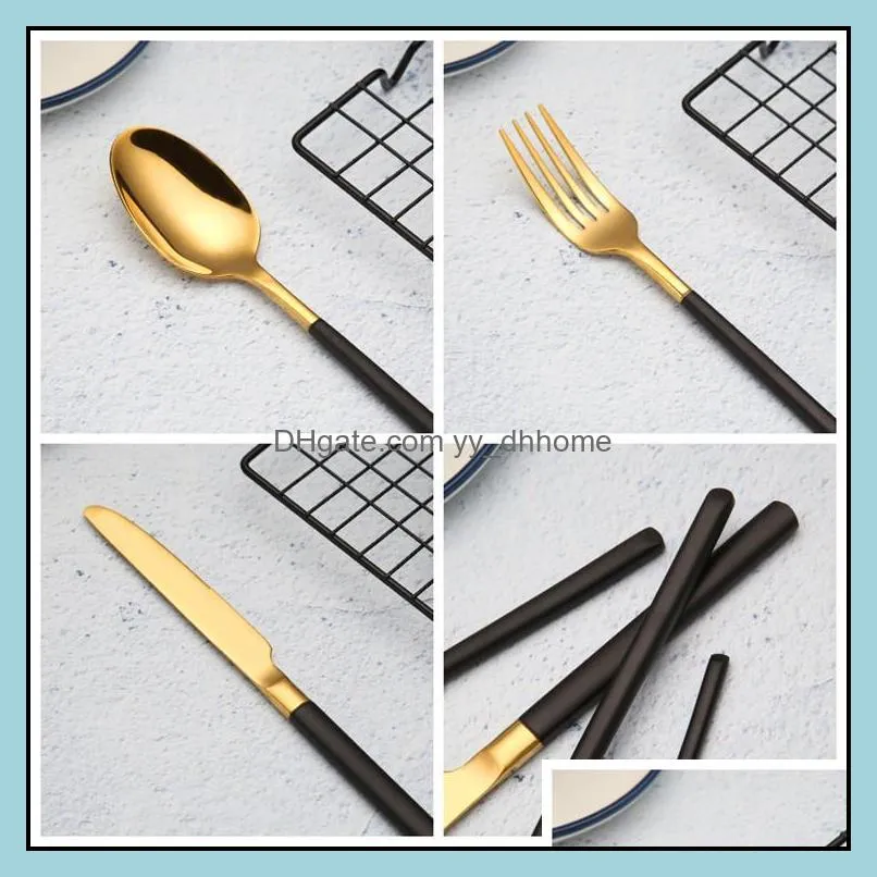 gold stainless steel flatware serve cutlery 304 knife and fork spoon with black handle tableware dinnerware