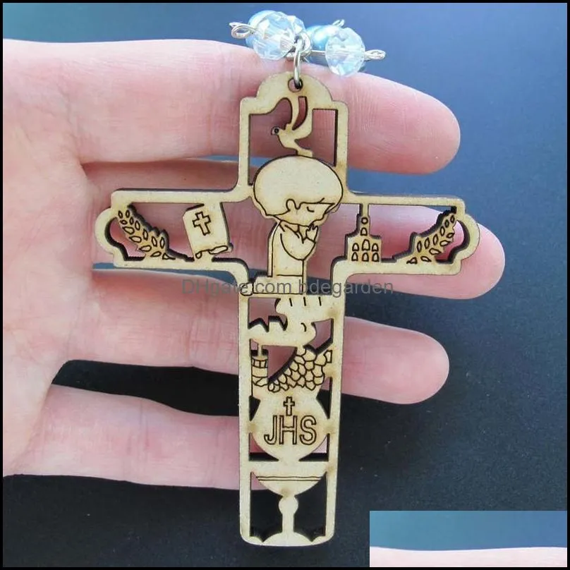 12 Pcs Wood Keychain Favor for boys Girls Gift Guest Recuerdos para Primera Comunion with Bags cross keychain 220507