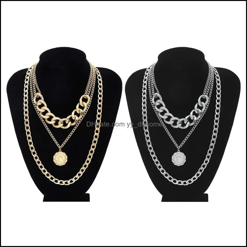 Hip Hop Hyperbole Multi Layer Thick Curb Cuban Link Chain Portrait Pendant Choker Necklace Women Fashion Jewelry