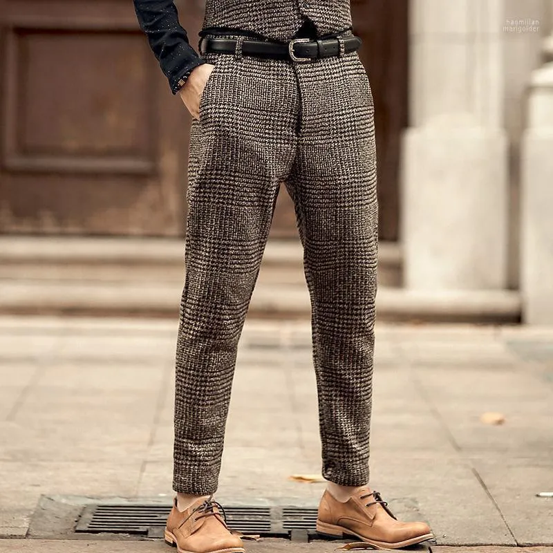 Men's Pants Men's Casual Plaid Trousers Brown Retro Autumn Tweed Pant Trouser Wear Gentleman Suit Male Man PantsMen's Naom22