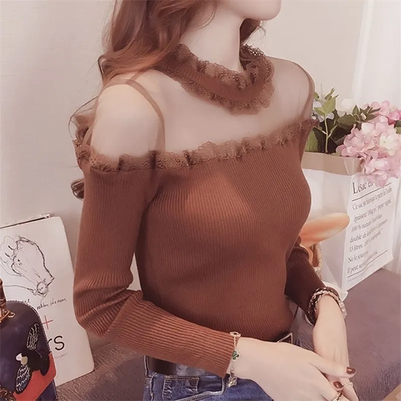Womens Fashion Long Sleeve Lace Rufflrd Collar Sweater Autumn Ladies Sexy See Through Solid Color Knitted Pullovers Plus Size 201221