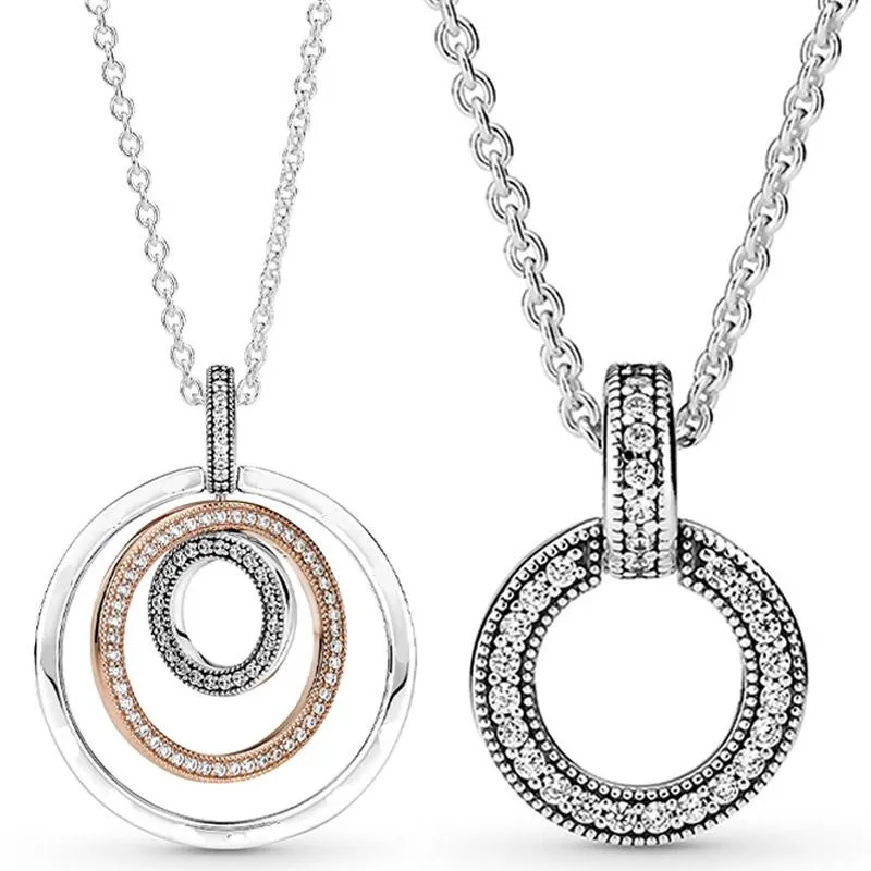 Chaînes 100% 925 Sterling Silver Double Cercles Bicolores Avec Pendentif En Cristal Collier Fit Perle Charme À La Mode DIY JewelryChains ChainsCh