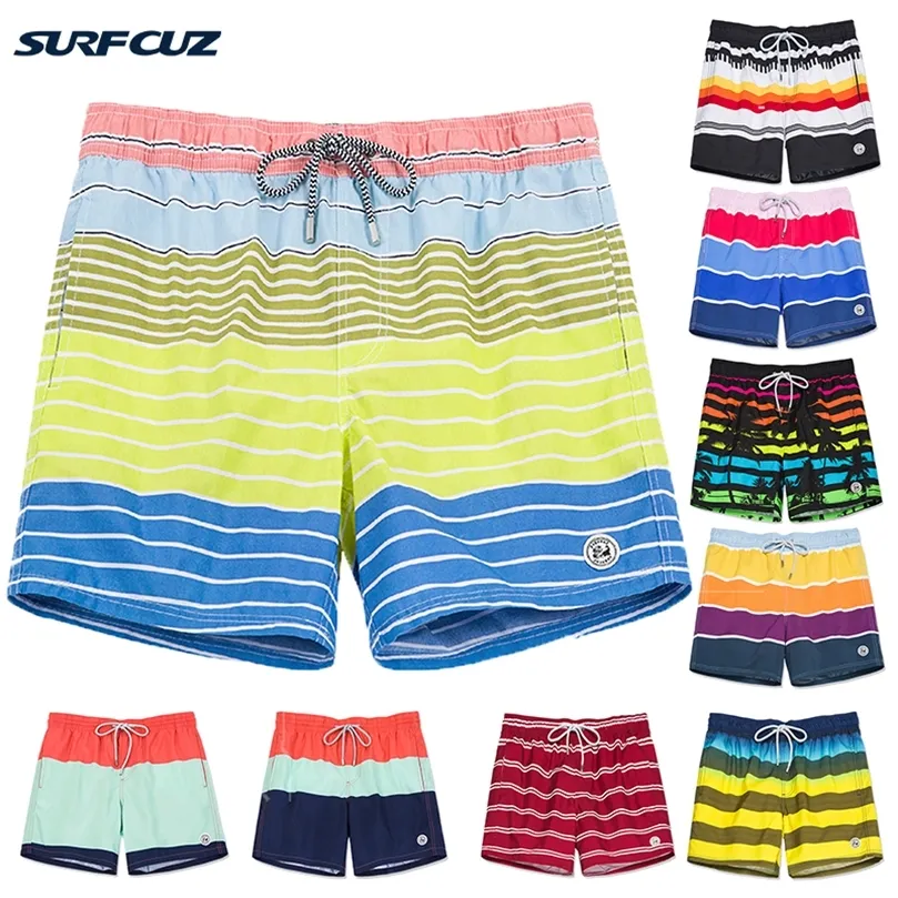 SURFCUZ MENS SWIMMING SHORTS randiga snabba torra strandbrädeshorts med nätfoder Summer Male badkläder sport shorts badstammar 220505