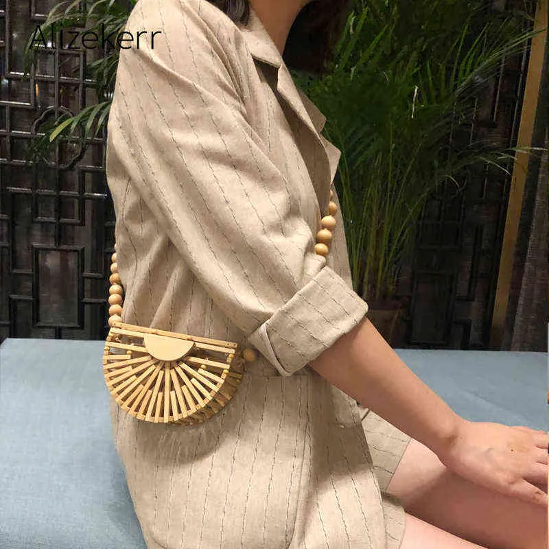 Evening Bag Half Moon Bamboo Beach Bag Women 2022 Summer Wooden Bead Necklace Mini Shoulder Ladie Casual Circle Straw 220622