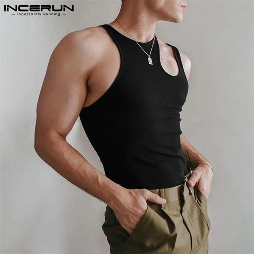 Sexy Leisure Mens Loose Solid Vests Comeforable Sleeveless Shoulder Hollow Design Vests S5XL INCERUN Tops 220527