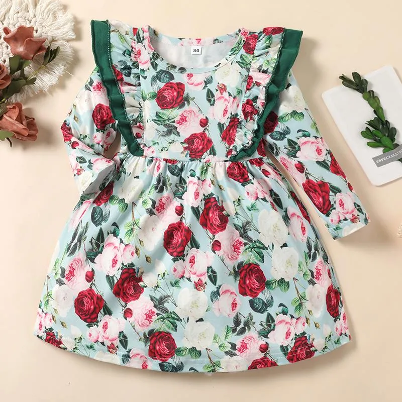 Girl's Dresses Infant Baby Girl Spring Fall Outfit Flower Print Long Sleeve Ruffle Party Princess Dress Kid ClothesGirl's