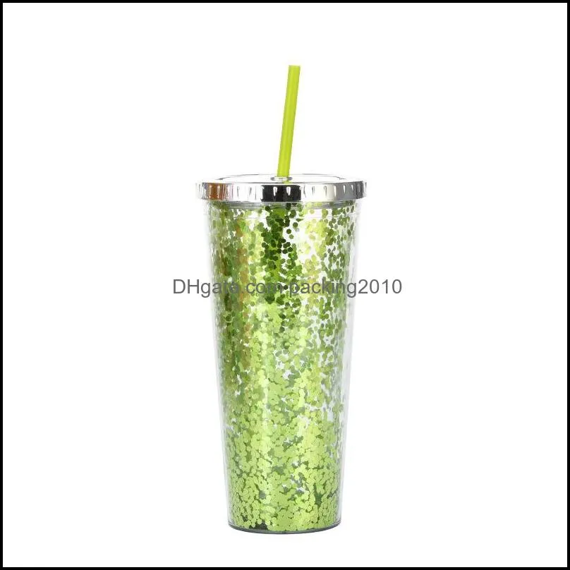 24oz tumblers glitter water cup cold drink cup straight double-layer plastic straw mugs electroplated lid pab13892