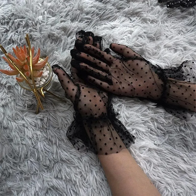 Пять пальцев перчатки кружевные точки с печеночными женщинами элегантная растяжка тонкая прозрачная черная перчатка лето солнце защита гибкая шлифова