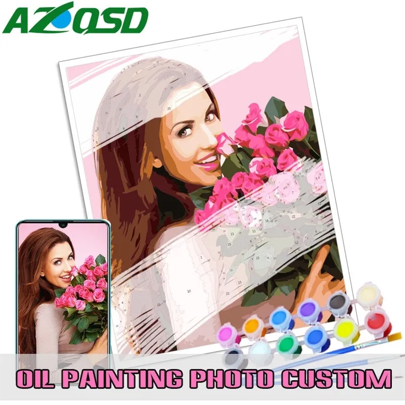 AZQSD Personalised Paint By Numbers Po Custom DIY Oil Painting Picture Drawing Canvas Portrait Family Children Pets Po 220623