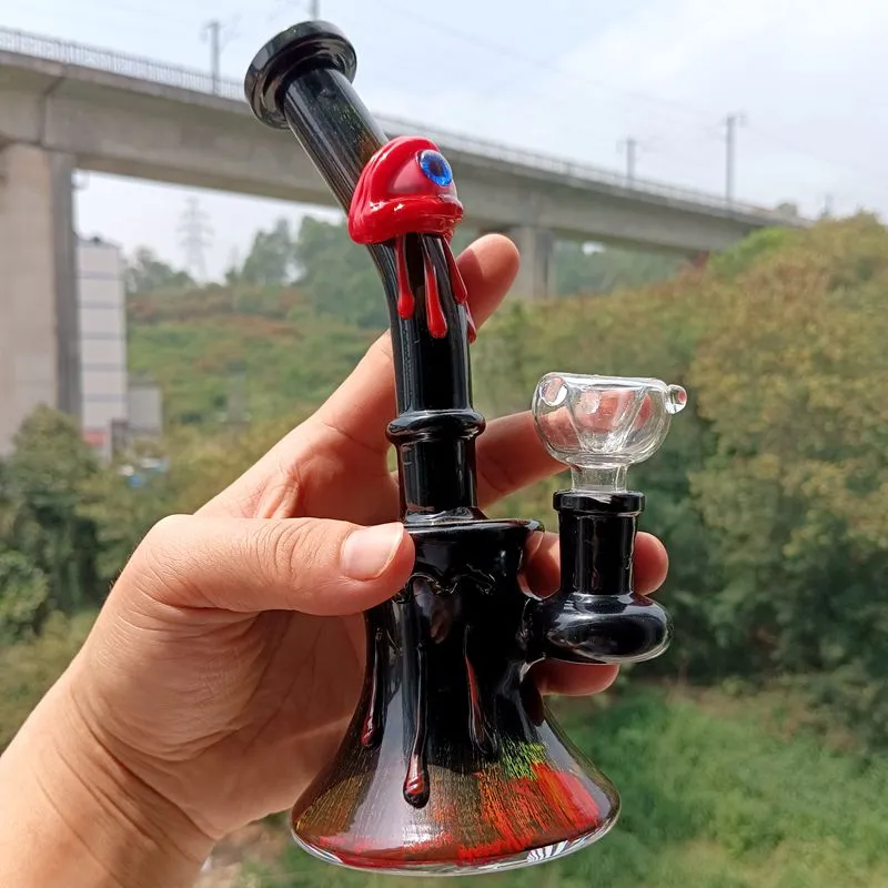 Unique 8.5 inch Black Glass Water Bong Hookahs with Tire perc 14mm male Smoking Pipes with Eyeball Decoration