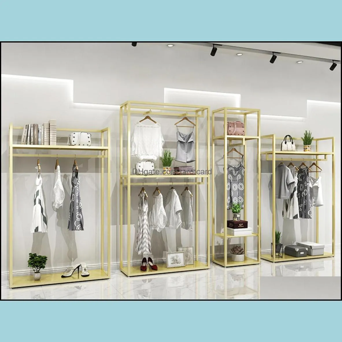 Gold Hanger men`s and women`s clothing store shelf Commercial Furniture clothes display rack floor type shelfs golden hangers cloth