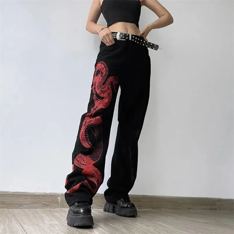 Snake Print Baggy Jeans Vrouw Hoge Taille Hip Hop Denim Broek Donker Academische Gothic Streetwear Korean Cargo Broek 90s Y2K 220402