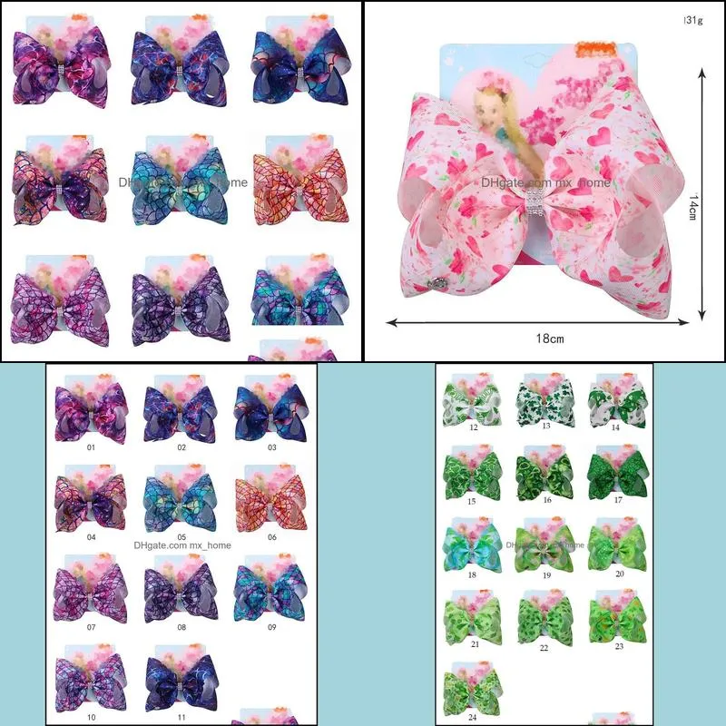 104Colors Girls Bow Hair clips Mermaid clover Flamingo print Hair Accessories Barrettes Kids 8 inch Headdress hair bows with Clip