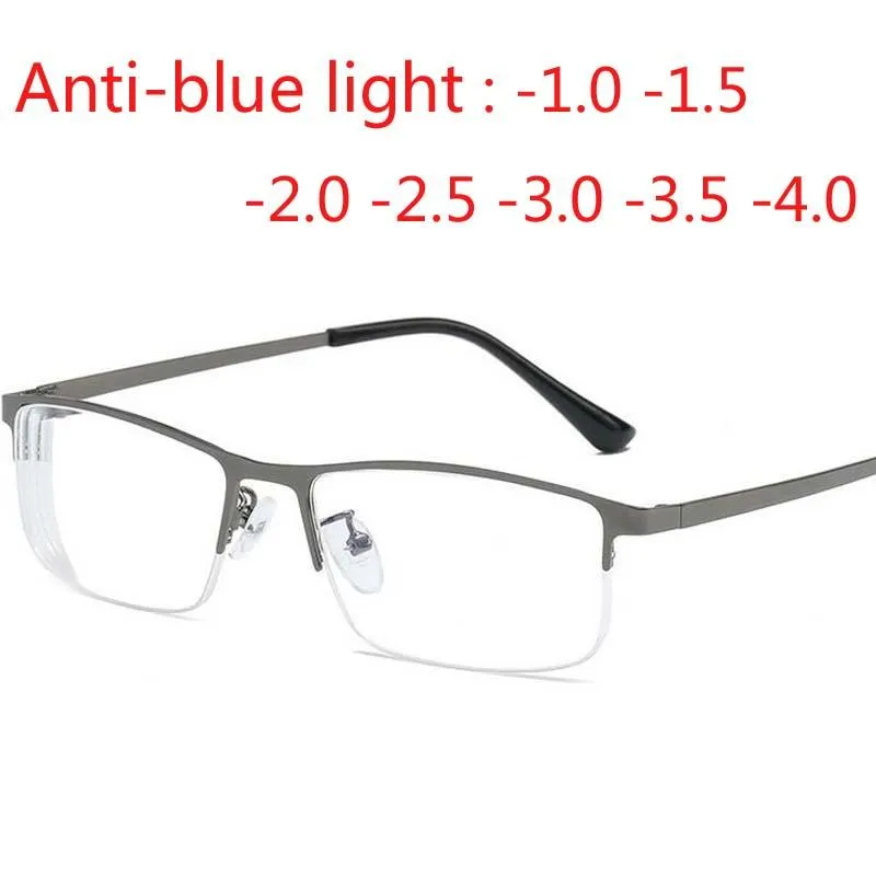 Mode Sonnenbrillenrahmen Männer Legierung Myopie Brille Quadratischer Halbrahmen Anti-Blaulicht Nicht sphärische Schicht beschichtete Linsen Brillen -1,0 -1,5