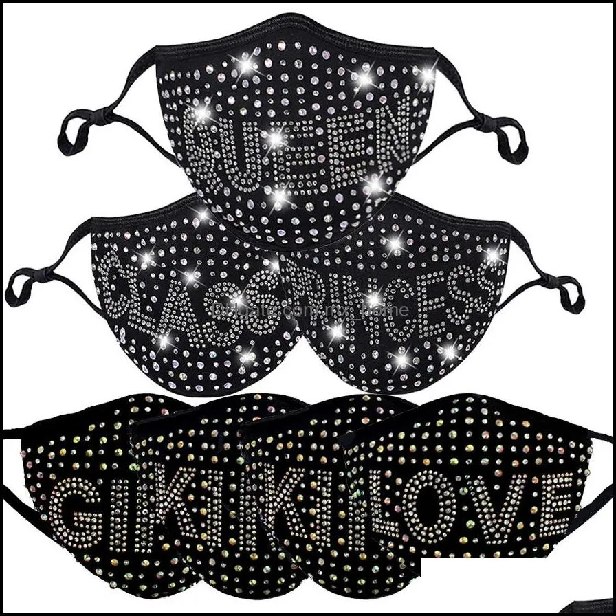 Máscara facial de diamante com broca clássica da rainha preta Sexy Love King Boss Máscaras de algodão Mulheres meninas Dustroof PM 2.5 Filtro Rhinestone Drop Delie