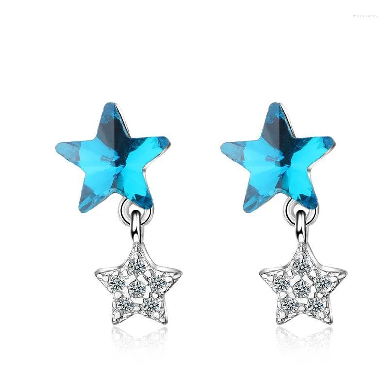 Stud Trendy 925 Srebrne kolczyki dla kobiet urok zaręczynowy kryształowy niebieski podwójna gwiazda biżuteria