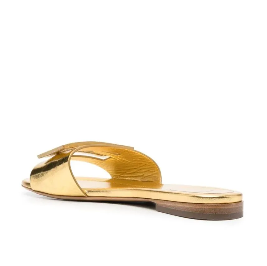 Femmes Designer Sandal Gold Slipper Plat Baguette Wide Band Slides Sandales en cuir métallique Véritable Chaussures de marche décontractées en cuir 35-42