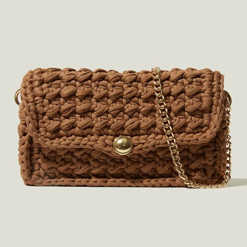 Evening Bags Wool Knitting Hollow Out Handmade Weave Tote Korean Vintage Casual Style Chic Crochet Handbag Shoulder Beach Bag TravelEvening