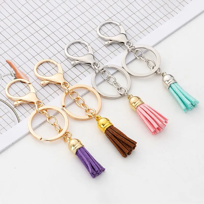 Boho Velvet Leather Tassel Women Keychain Bag Hangende hanger ornamenten Auto Key Chain Ring Holder Sieraden snuisterij