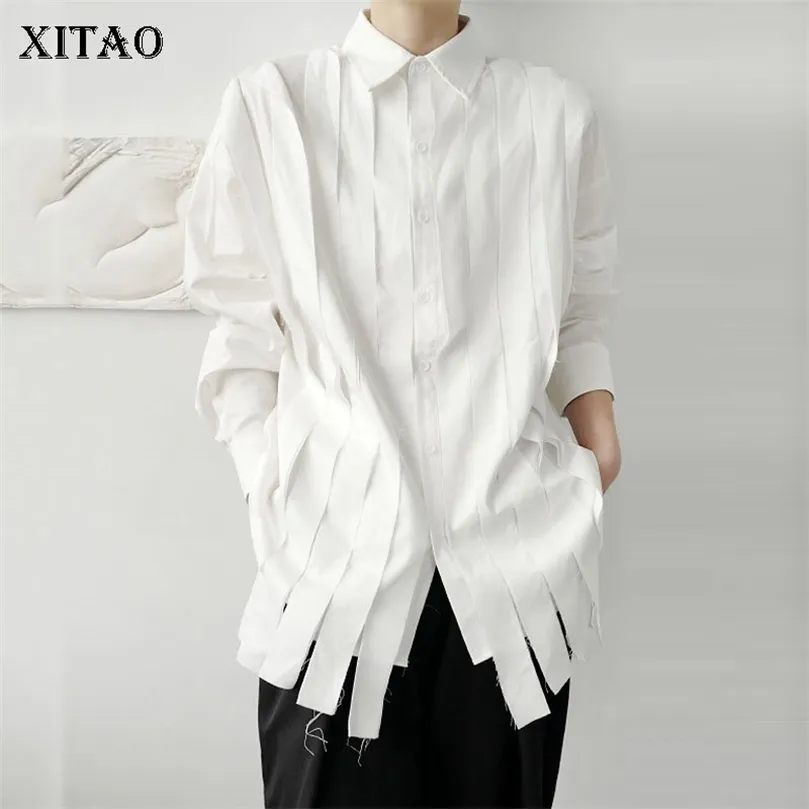 XITAO TASSEL白いブラウスファッションフルスリーブ秋のシングル胸プリーツ小さな新鮮なカジュアルスタイルルーズシャツ210226