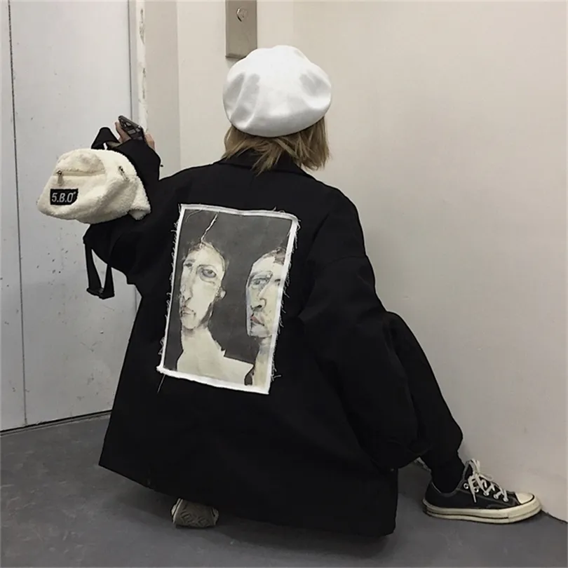 Nuova primavera ritratto ricamo stampa giacca casual manica lunga oversize sciolto nero giacca Harajuku Ulzzang T200319