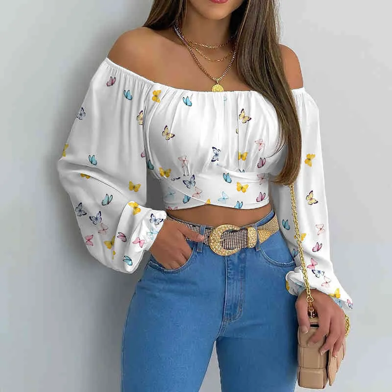 Summer Women Daisy Print Crossed Tied Back Crop Top 2022 Femme Casual Off Shoulder Ruched Lantern Sleeve Blouse y2k Lady Outfits L220705