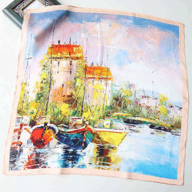 Seine River oil painting famous plain satin silk new 55 small square scarf printing versatile Hangzhou