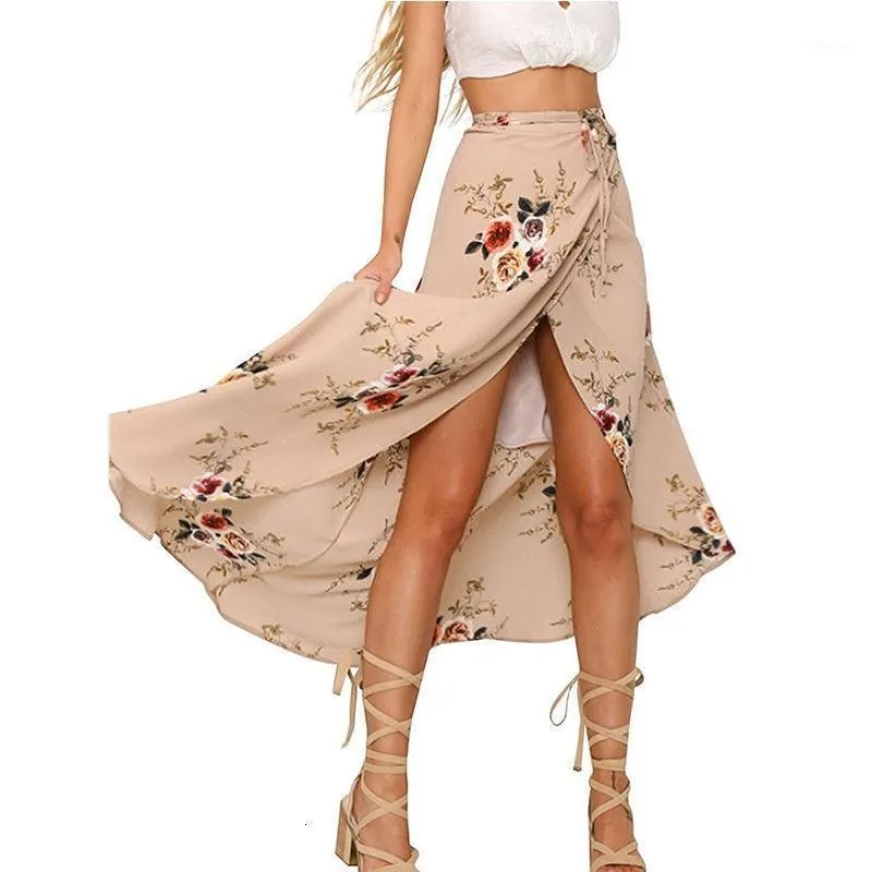 Rokken Simplee Ruche Floral Print Rok Dames Sash Tie Up Strand Zomer Asymmetrische Hoge Taille Streetwear Long Femme